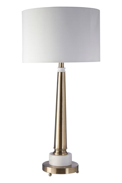 Orsina Classic Table Lamp With Antique Brass Tapered Stand, White Marble Base & Linen Shade, Elegant Iron Lighting in Gold - image 1