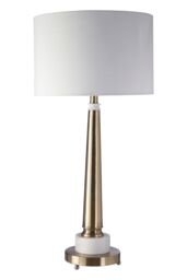 Orsina Classic Table Lamp With Antique Brass Tapered Stand, White Marble Base & Linen Shade, Elegant Iron Lighting in Gold