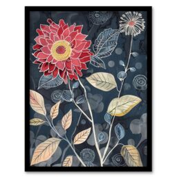 "Artery8 Stylised Dahlia Bloom Dark Floral Artwork Framed Art Print in Blue - Size: W12"" x H16""" - thumbnail 1