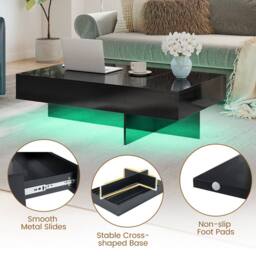 Costway Modern LED Coffee Table High-Gloss Accent Table with 3 Storage Drawers in Black - thumbnail 7