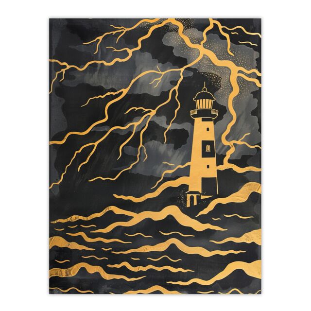 "Artery8 Lighthouse Lightning Storm Gold Contrast Painting Wall Art Print in Black - Size: W24"" x H32""" - image 1