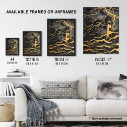 "Artery8 Lighthouse Lightning Storm Gold Contrast Painting Wall Art Print in Black - Size: W24"" x H32""" - thumbnail 3