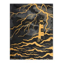 "Artery8 Lighthouse Lightning Storm Gold Contrast Painting Wall Art Print in Black - Size: W24"" x H32""" - thumbnail 1