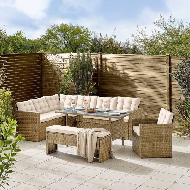 FurnitureboxUK Marbella Textured Grey Rattan Garden Dining Set Grey Cushions 9 Seat Outdoor Sofa, Glass Table Top 145x80cm in Beige - Size: 145x80 cm - image 1