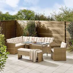 FurnitureboxUK Marbella Textured Grey Rattan Garden Dining Set Grey Cushions 9 Seat Outdoor Sofa, Glass Table Top 145x80cm in Beige - Size: 145x80 cm - thumbnail 1