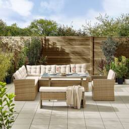 FurnitureboxUK Marbella Textured Grey Rattan Garden Dining Set Grey Cushions 9 Seat Outdoor Sofa, Glass Table Top 145x80cm in Beige - Size: 145x80 cm - thumbnail 2