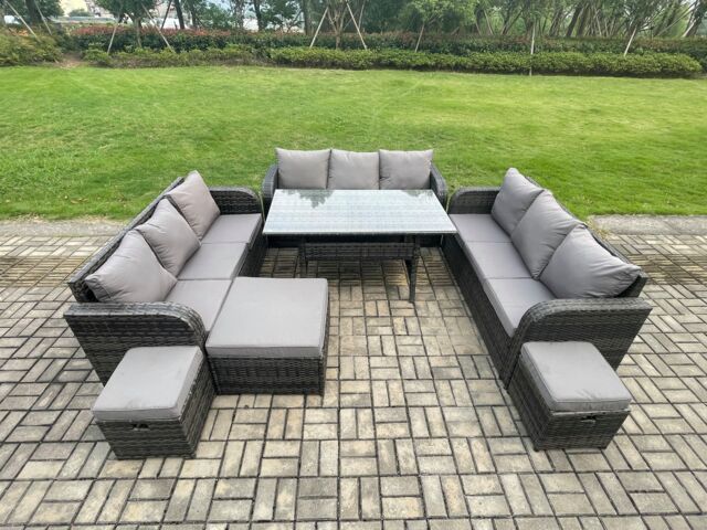 Fimous Patio Rattan Garden Furniture Set with Oblong Rectangular Dining Table 3 Footstools 12 Seater Outdoor Lounge Sofa Set Dark Grey Mixed - image 1