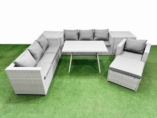 Fimous 8-seater Patio 3 Seater Sofa Armchair Set with 2 Side Tables Big Stool in Light Grey