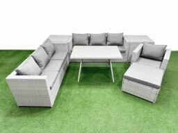 Fimous 8-seater Patio 3 Seater Sofa Armchair Set with 2 Side Tables Big Stool in Light Grey - thumbnail 1