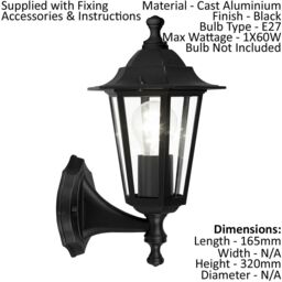 Loops 2 PACK IP44 Outdoor Wall Light Black Aluminium Lantern 1x 60W E27 Porch Lamp - thumbnail 2