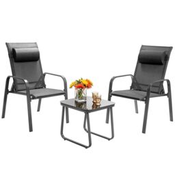 Costway 3-Piece Patio Bistro Furniture Set Outdoor Coffee Table Stackable Chairs Set in Grey - thumbnail 1