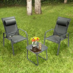 Costway 3-Piece Patio Bistro Furniture Set Outdoor Coffee Table Stackable Chairs Set in Grey - thumbnail 4