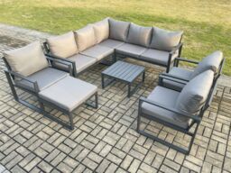 Fimous 9 Seater Outdoor Aluminium Garden Furniture Set Corner Lounge Sofa Set with Square Coffee Table Chair Big Footstool Dark Grey - thumbnail 1