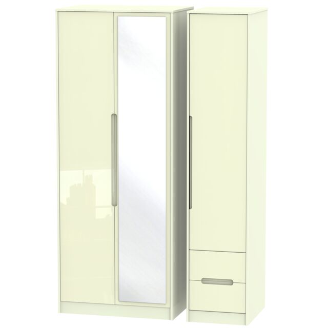 Ready Assembled 2 U Bristol Tall Triple Mirror + Drawer Wardrobe (Ready Assembled) in Cream