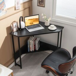 Costway Corner Desk Triangle Computer Desk Laptop Desk w/ Power Outlet in Black - thumbnail 1