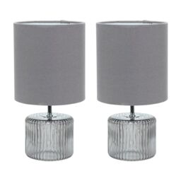 ValueLights Betty Pair of Glass Table Lamsp with Fabric Lamp Shades & LED Bulbs in Grey - thumbnail 2