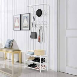 Dprodo 3-in-1 Hall Coat Rack Tree with Metal Fram in White - thumbnail 2