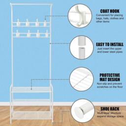 Dprodo 3-in-1 Hall Coat Rack Tree with Metal Fram in White - thumbnail 4