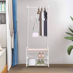 Dprodo 3-in-1 Hall Coat Rack Tree with Metal Fram in White - thumbnail 7