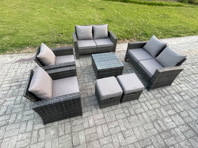 Fimous Rattan Garden Furniture Set Patio Outdoor Lounge Sofa Set with Square Coffee Table Double Seat Sofa 2 Small Footstools in Dark Grey