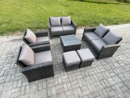 Fimous Rattan Garden Furniture Set Patio Outdoor Lounge Sofa Set with Square Coffee Table Double Seat Sofa 2 Small Footstools in Dark Grey - thumbnail 1
