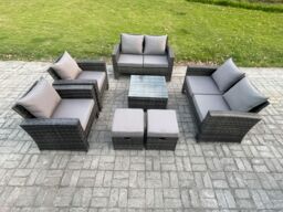 Fimous Rattan Garden Furniture Set Patio Outdoor Lounge Sofa Set with Square Coffee Table Double Seat Sofa 2 Small Footstools in Dark Grey - thumbnail 2