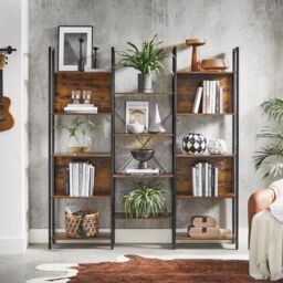 VASAGLE Large 14 Shelf Metal Bookcase Industrial Frame Home Office in Brown - thumbnail 1