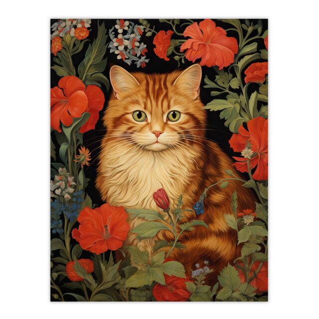 Artery8 Stylish Ginger Striped Kitten Cat Red Amidst The Flowers Floral Design Illustration Large Wall Unframed Art Poster Print Thick Paper 18X24 - image 1
