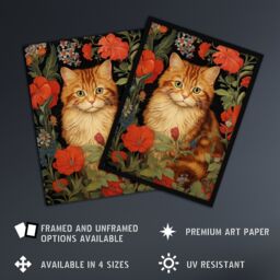 Artery8 Stylish Ginger Striped Kitten Cat Red Amidst The Flowers Floral Design Illustration Large Wall Unframed Art Poster Print Thick Paper 18X24 - thumbnail 2