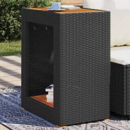 Berkfield Home Garden Side Table with Wooden Top Black 60x40x75 cm Poly Rattan - Size: 60 x 40 x 75 cm - thumbnail 2