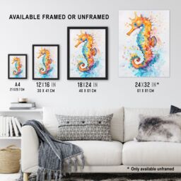 Artery8 Cute Colourful Seahorse Bright Watercolour Framed Art Print in Orange - Size: A4 - thumbnail 3
