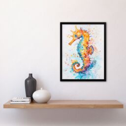 Artery8 Cute Colourful Seahorse Bright Watercolour Framed Art Print in Orange - Size: A4 - thumbnail 4