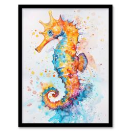 Artery8 Cute Colourful Seahorse Bright Watercolour Framed Art Print in Orange - Size: A4 - thumbnail 1