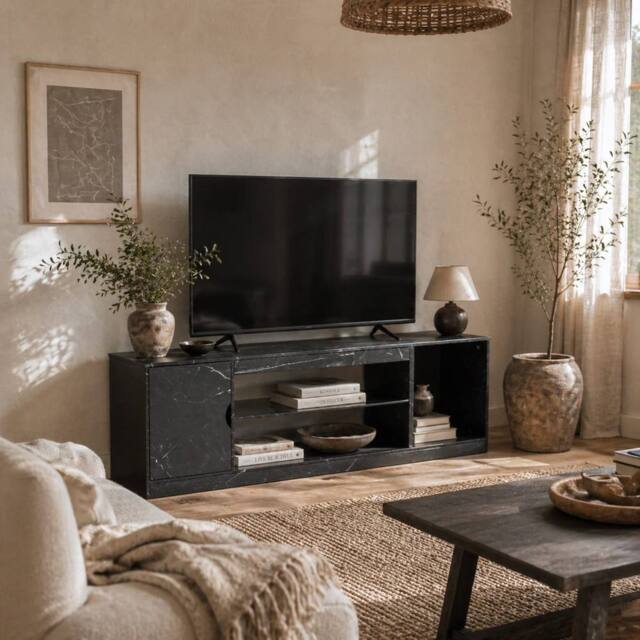 Wyld Haus Avadell 148cm Black Marble Effect TV Unit Glass Shelf for 45 55 inch - image 1