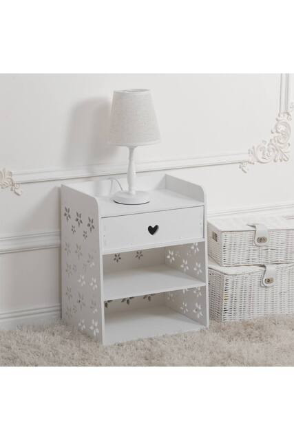 White Floral Hollow-Carved Wooden Nightstand - 4 Shelves & Drawer - image 1