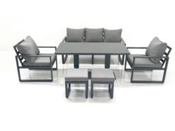 Fimous Outdoor Aluminium Garden Furniture Set with Adjustable Rising Lifting Dining Table 3 Seater Sofa 2 Chair 2 Small Footstools Dark Grey - thumbnail 1