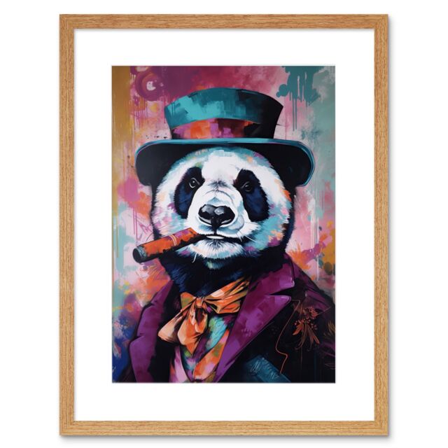 "Artery8 Wall Art Print Panda Portrait with Purple Suit Top Hat & Cigar Artwork Framed 9X7 Inch in Beige - Size: W7"" x H9""" - image 1