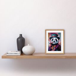"Artery8 Wall Art Print Panda Portrait with Purple Suit Top Hat & Cigar Artwork Framed 9X7 Inch in Beige - Size: W7"" x H9""" - thumbnail 2