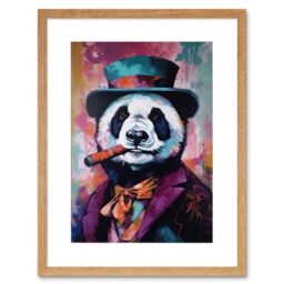"Artery8 Wall Art Print Panda Portrait with Purple Suit Top Hat & Cigar Artwork Framed 9X7 Inch in Beige - Size: W7"" x H9""" - thumbnail 1
