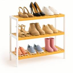EONLION 3 Tier Bamboo Shoe Rack 12 Pairs Natural Bamboo Shelves White Frame