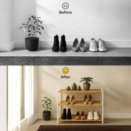 EONLION 3 Tier Bamboo Shoe Rack 12 Pairs Natural Bamboo Shelves White Frame - thumbnail 3