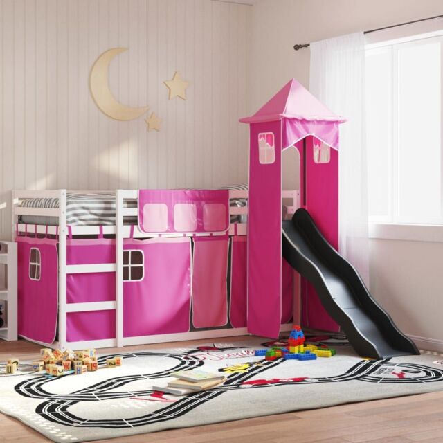 Berkfield Home Bunk Bed without Mattress with Slide & Curtains Pink 90x200 cm - image 1