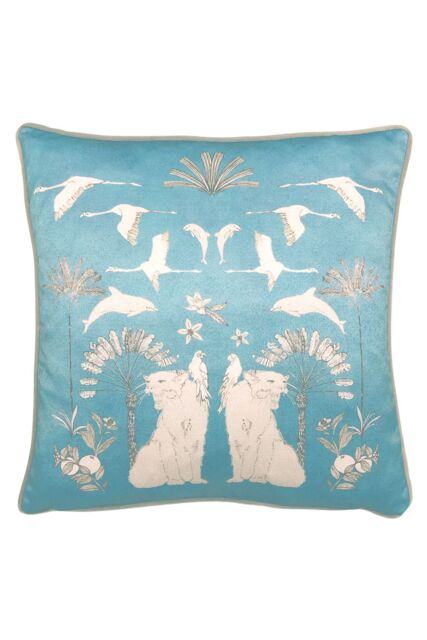 Furn Colony Palm Botanical Printed Velvet Cushion in Blue - Size: 43 cm x 43 cm - image 1