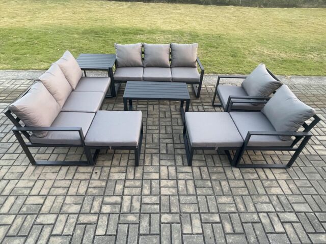 Fimous Aluminium Outdoor Garden Furniture Lounge Sofa 2 PC Chairs Oblong Coffee Table Sets with Side Table 2 Big Footstool Dark Grey - image 1