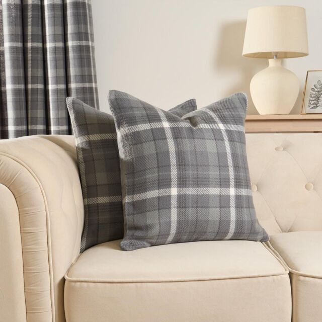 "OHS Woven Check Cushion Covers Tartan Pack of 2 Case Pad Set 18"" x 18"" Home in Charcoal - Size: 45 cm x 45 cm" - image 1