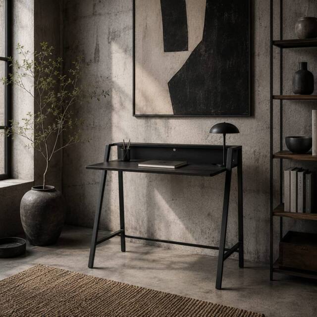 Wyld Haus Havi 84cm Compact Black Writing Desk with Raised Storage Shelf - image 1