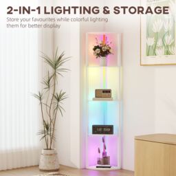 HOMCOM RGB LED Floor Lamp with Shelves & Remote Control for Living Room in White - thumbnail 6