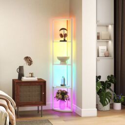 HOMCOM RGB LED Floor Lamp with Shelves & Remote Control for Living Room in White