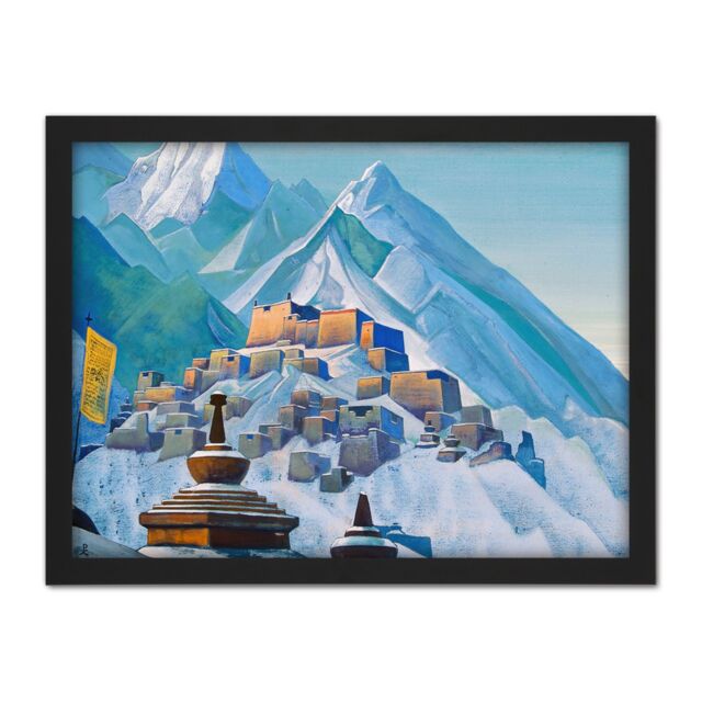"Artery8 Wall Art Print Roerich Tibet Himalayas Symbolist Mountain Landscape Painting Large Framed Wall Décor Art in White - Size: W18"" x H24""" - image 1