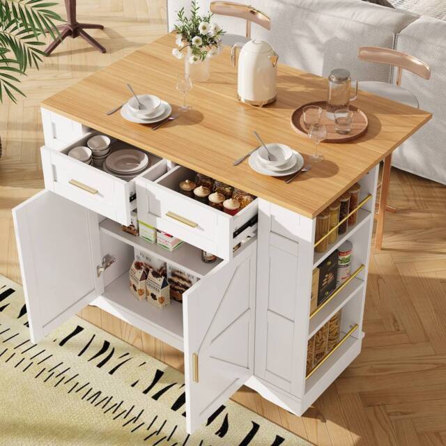 Fascinate Rolling Kitchen Island Cart - Foldable Worktop & Storage - White - image 1